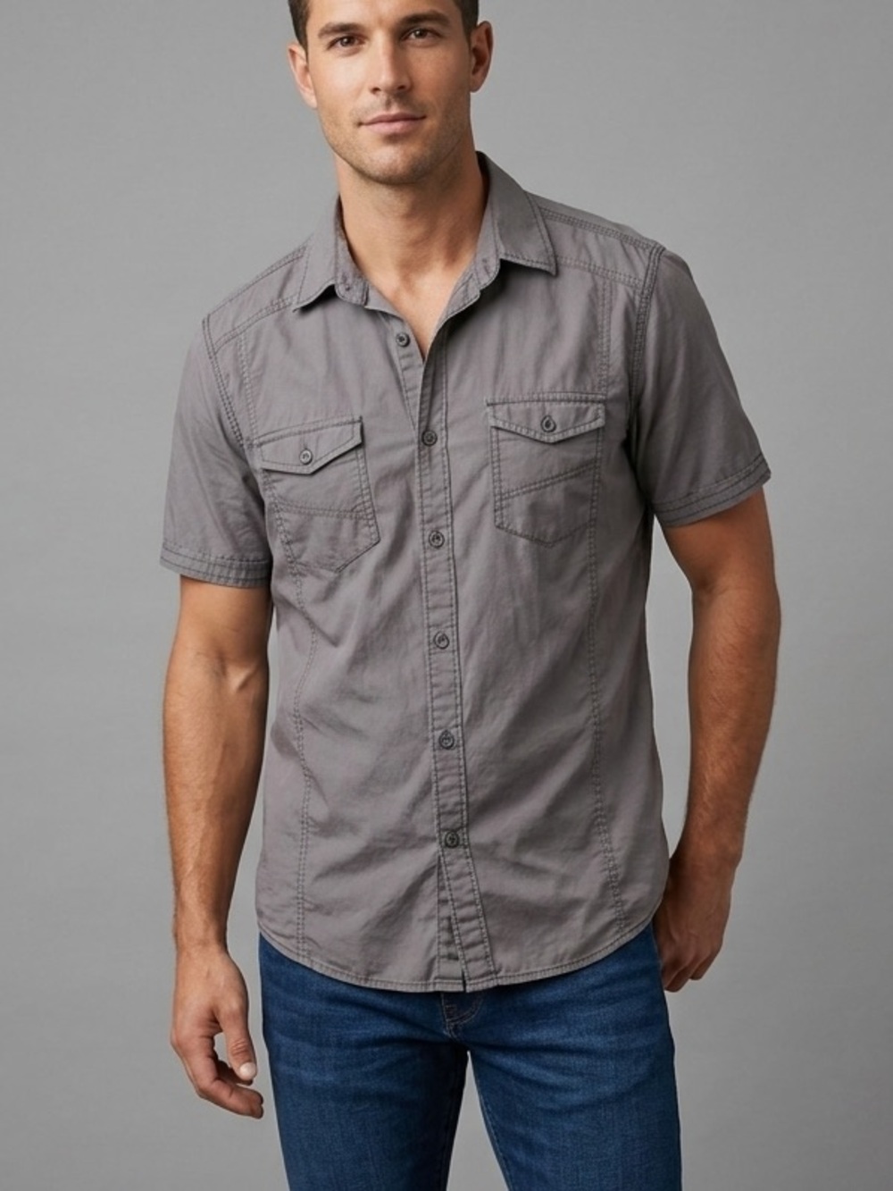HELIX Grey Button Down Utility Shirt Collar 100% Cotton Pockets Casual Men’s XL